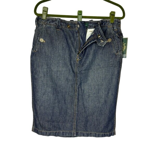 Lauren Jeans Co Denim Dark Wash Skirt Cotton Linen Sz 8 Pockets Adjustable Sand - Picture 3 of 16